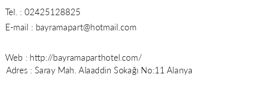 Bayram Apart Hotel telefon numaralar, faks, e-mail, posta adresi ve iletiim bilgileri